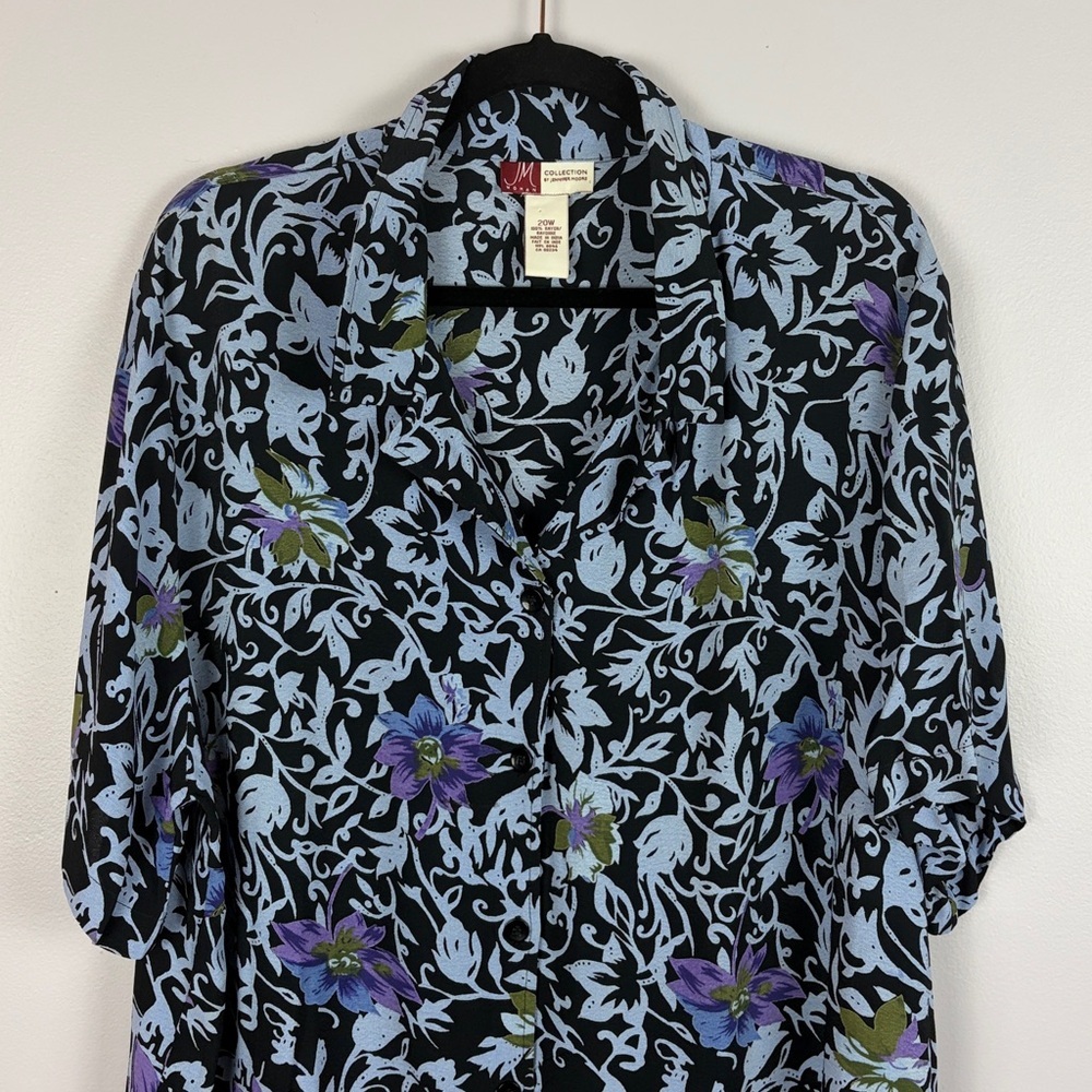JM Collection Floral Button Front Blouse Black Purple Plus Size 20W Short Sleeve - Picture 3 of 13